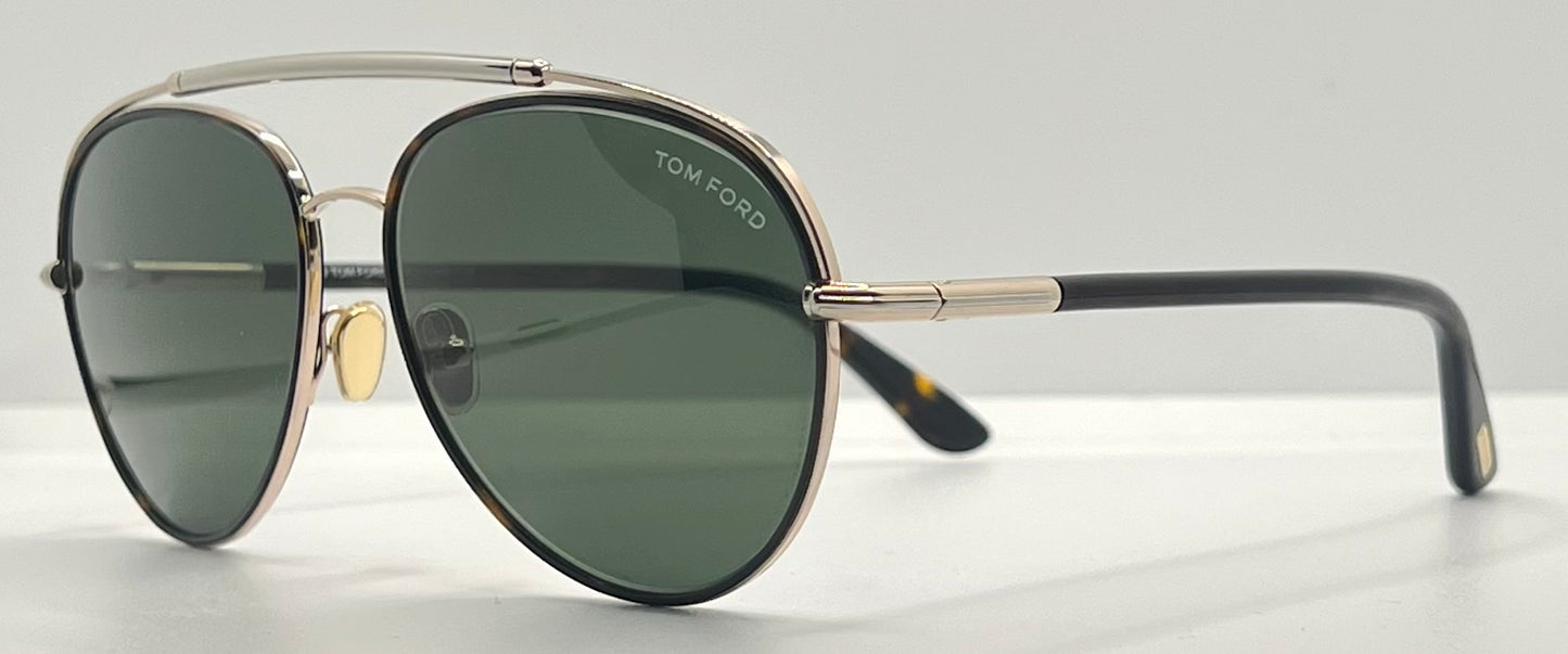 Tom Ford Curtis TF748 52N Gold Black Aviator Sunglasses-Green Lenses-59mm-NOS:UNWORN