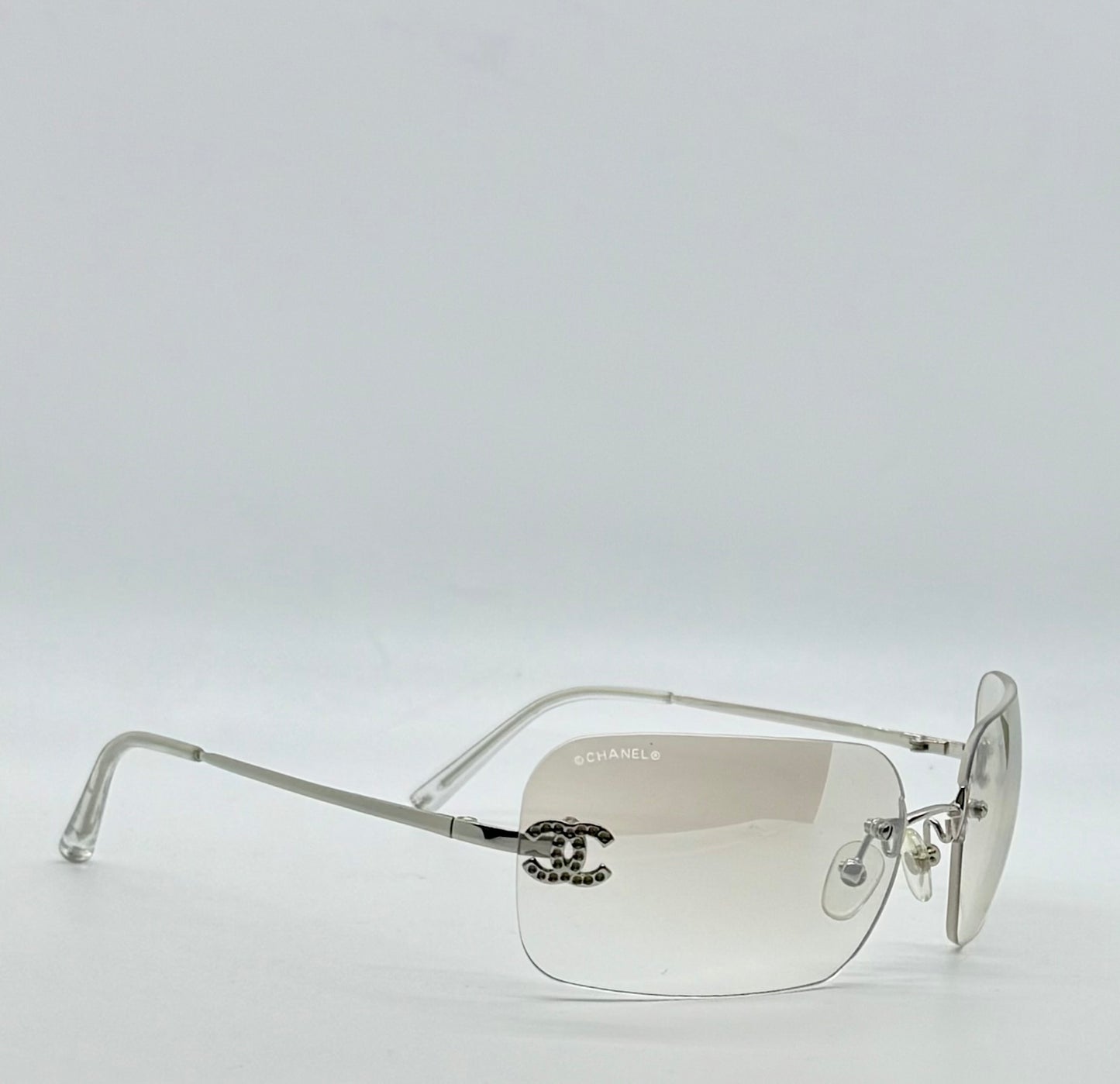 CHANEL 4017-D Silver Rimless Sunglasses Swarovski CC Logo Deadstock