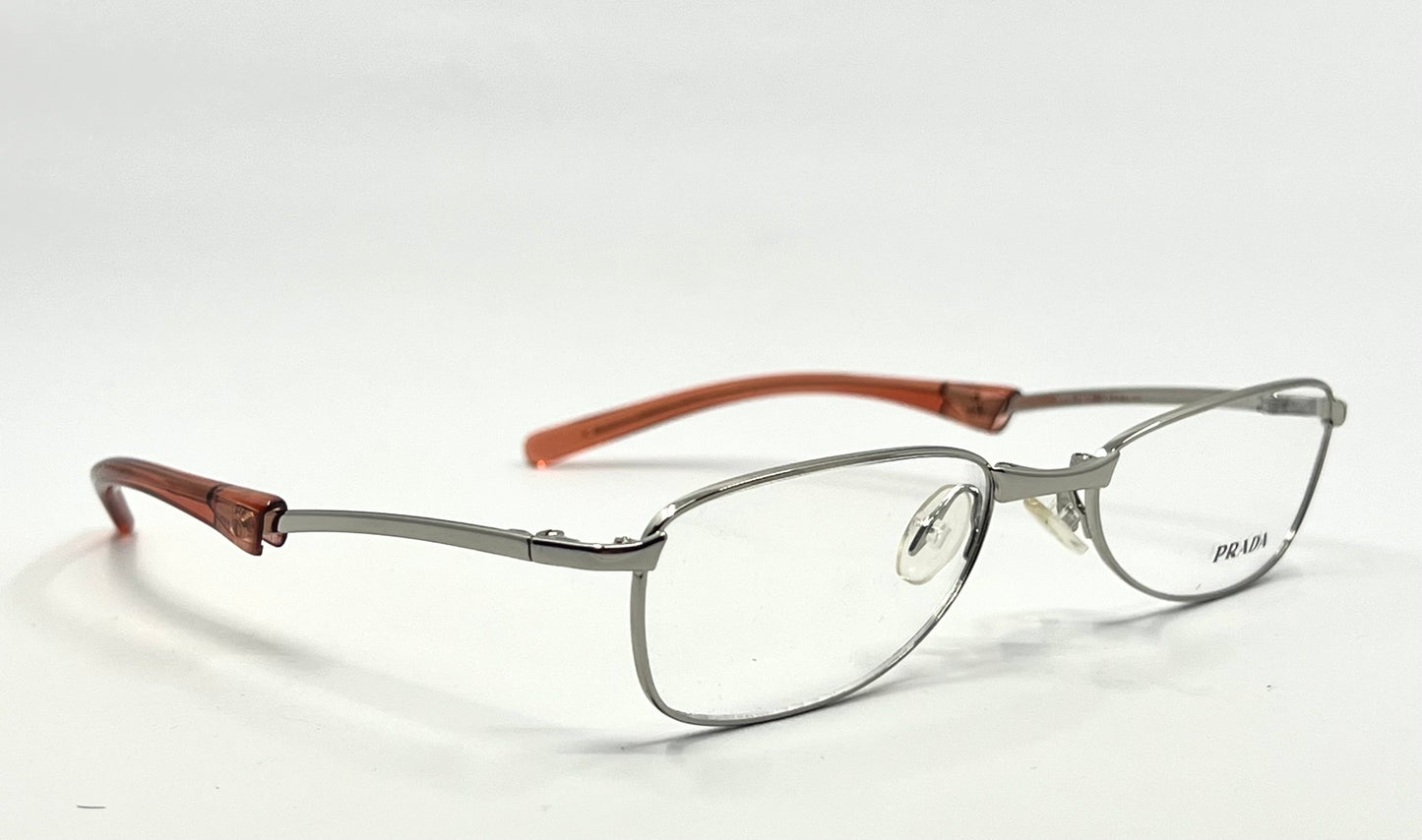 Prada VPR 76C Vintage Eyeglasses-Full Rim-Silver Orange Tips-Unworn-Made in Italy