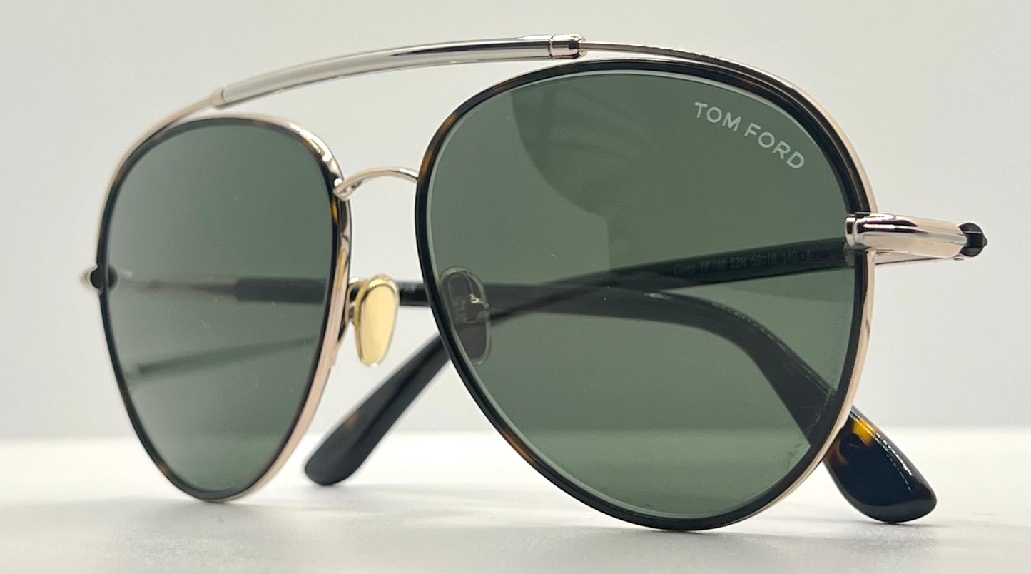 Tom Ford Curtis TF748 52N Gold Black Aviator Sunglasses-Green Lenses-59mm-NOS:UNWORN