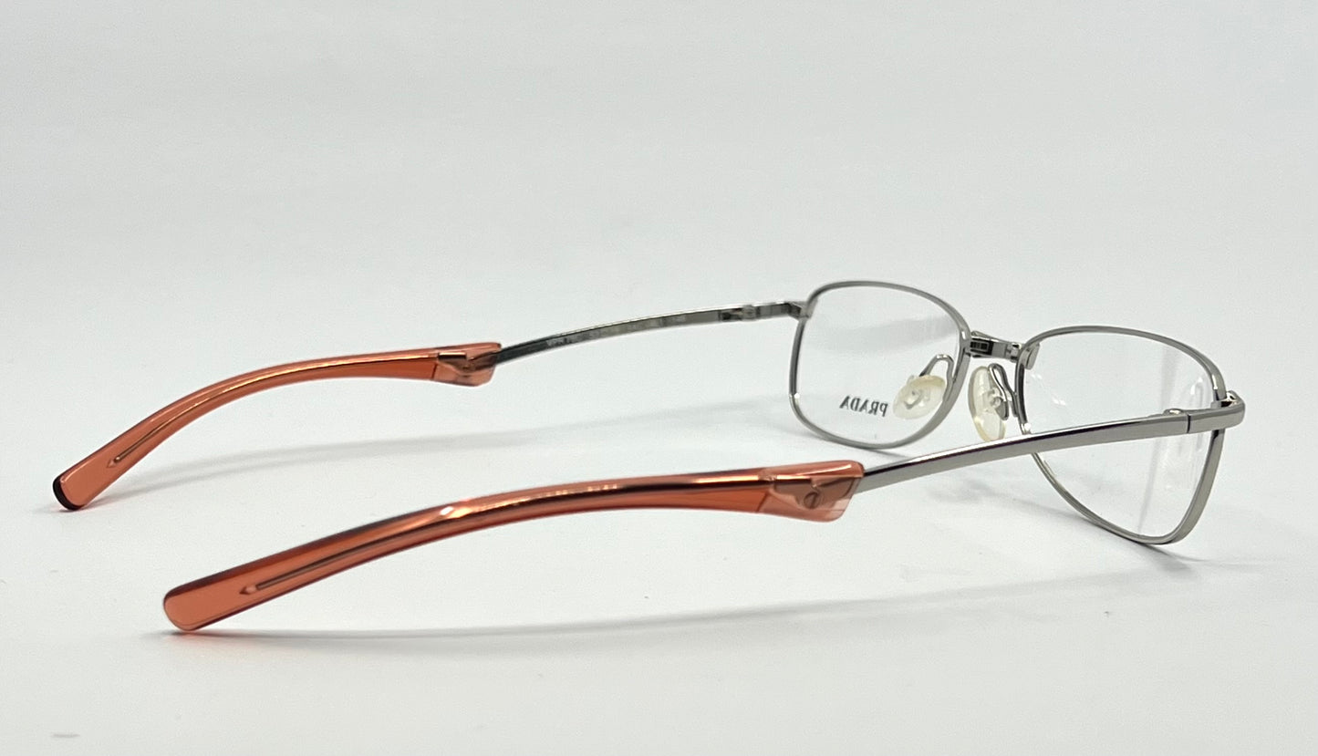Prada VPR 76C Vintage Eyeglasses-Full Rim-Silver Orange Tips-Unworn-Made in Italy