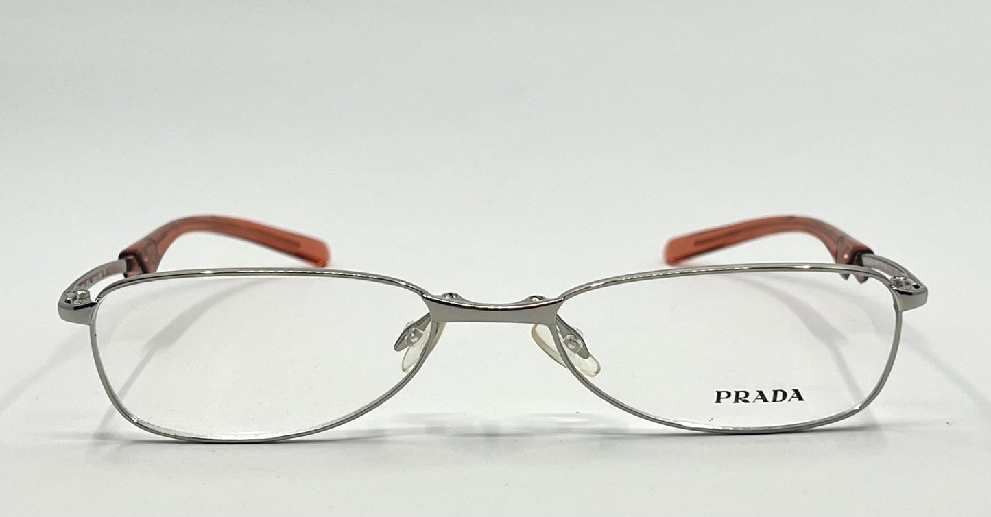 Prada VPR 76C Vintage Eyeglasses-Full Rim-Silver Orange Tips-Unworn-Made in Italy