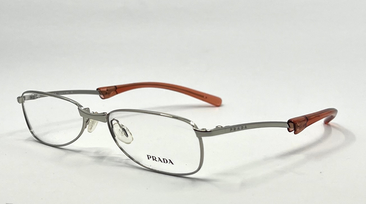 Prada VPR 76C Vintage Eyeglasses-Full Rim-Silver Orange Tips-Unworn-Made in Italy