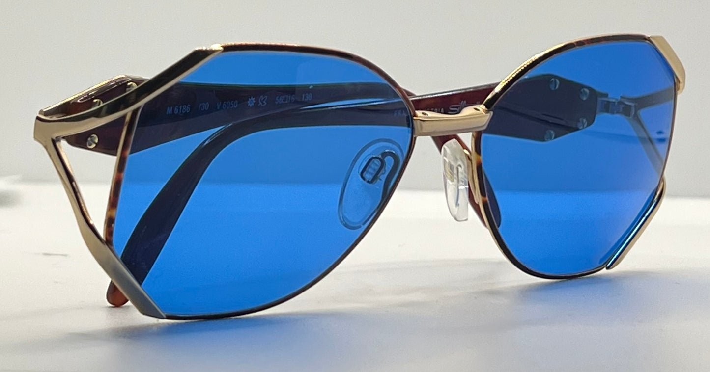 Silhouette M6186/30 Gold Shield VINTAGE Sunglasses w/New Solid Blue Custom Lenses-Unworn