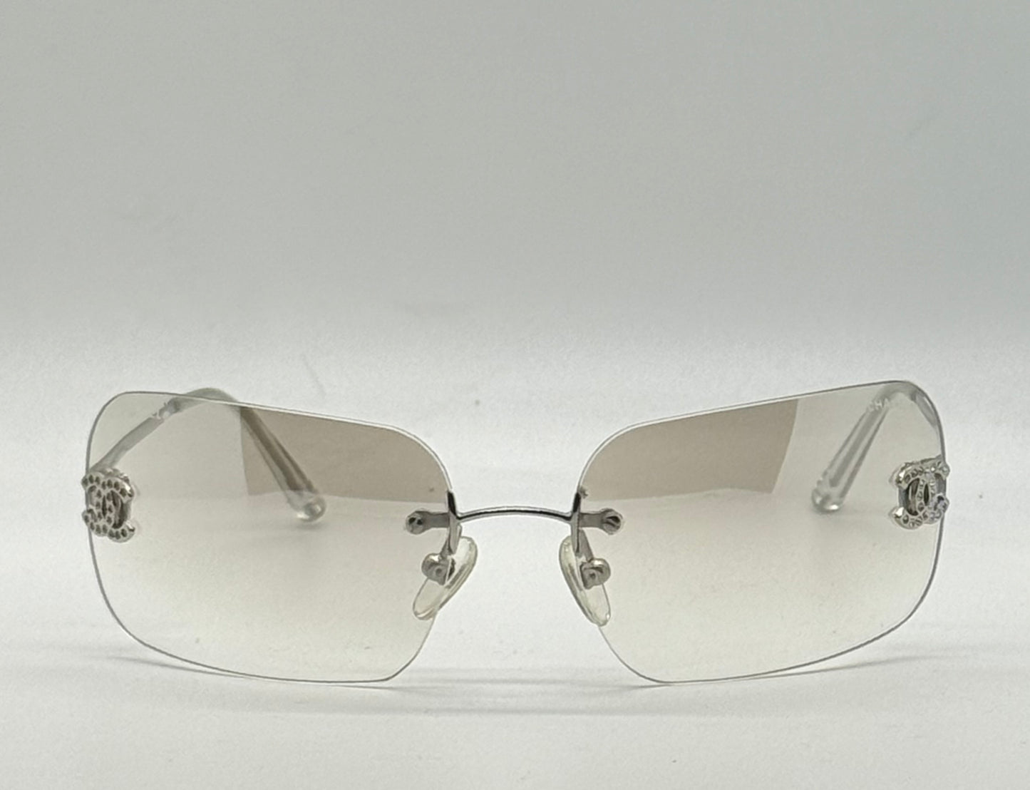 CHANEL 4017-D Silver Rimless Sunglasses Swarovski CC Logo Deadstock