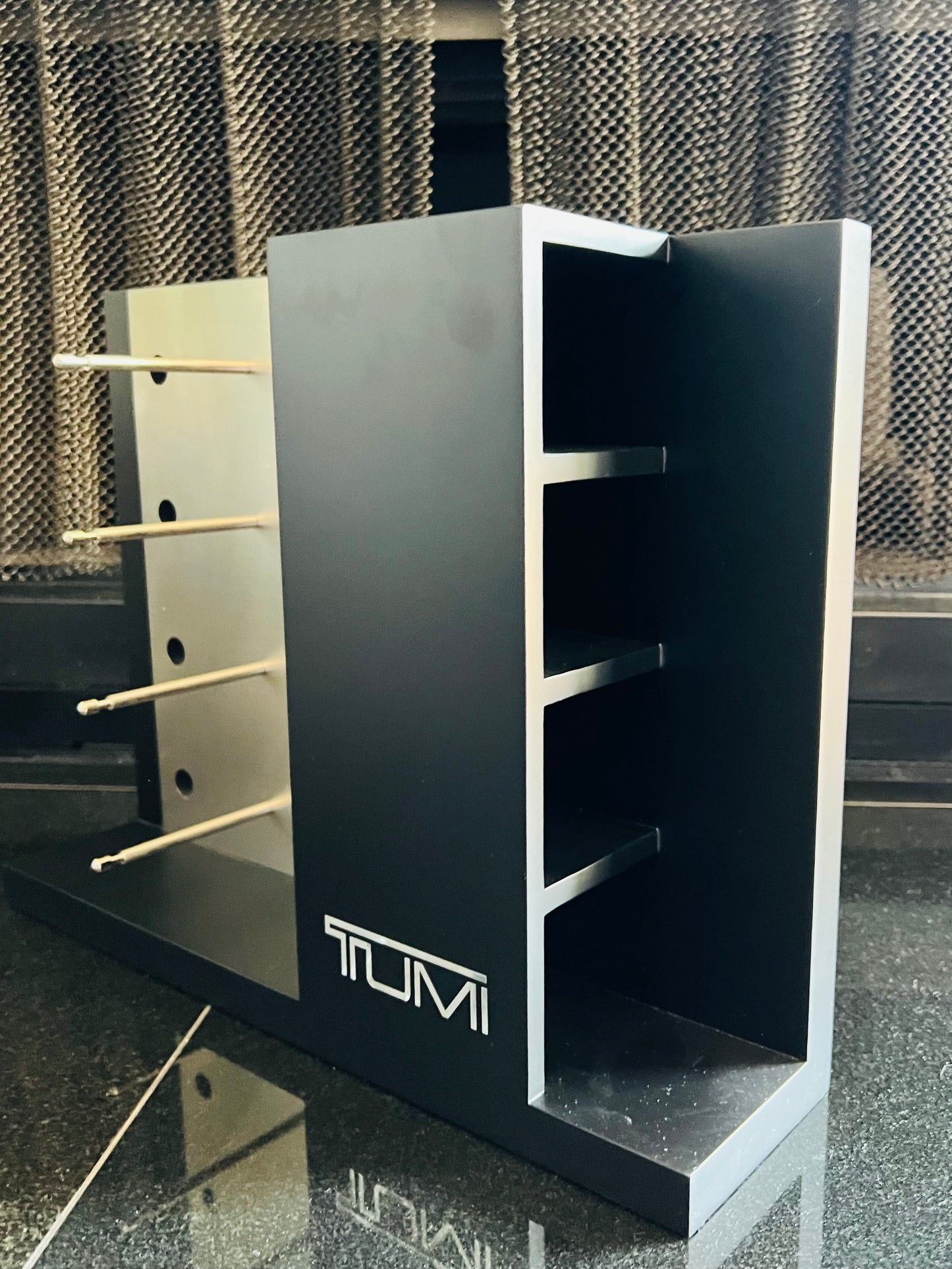 Tumi Counter Top Display. Brand New 4 Unit Display & 4 Unit Side Storage. NEW