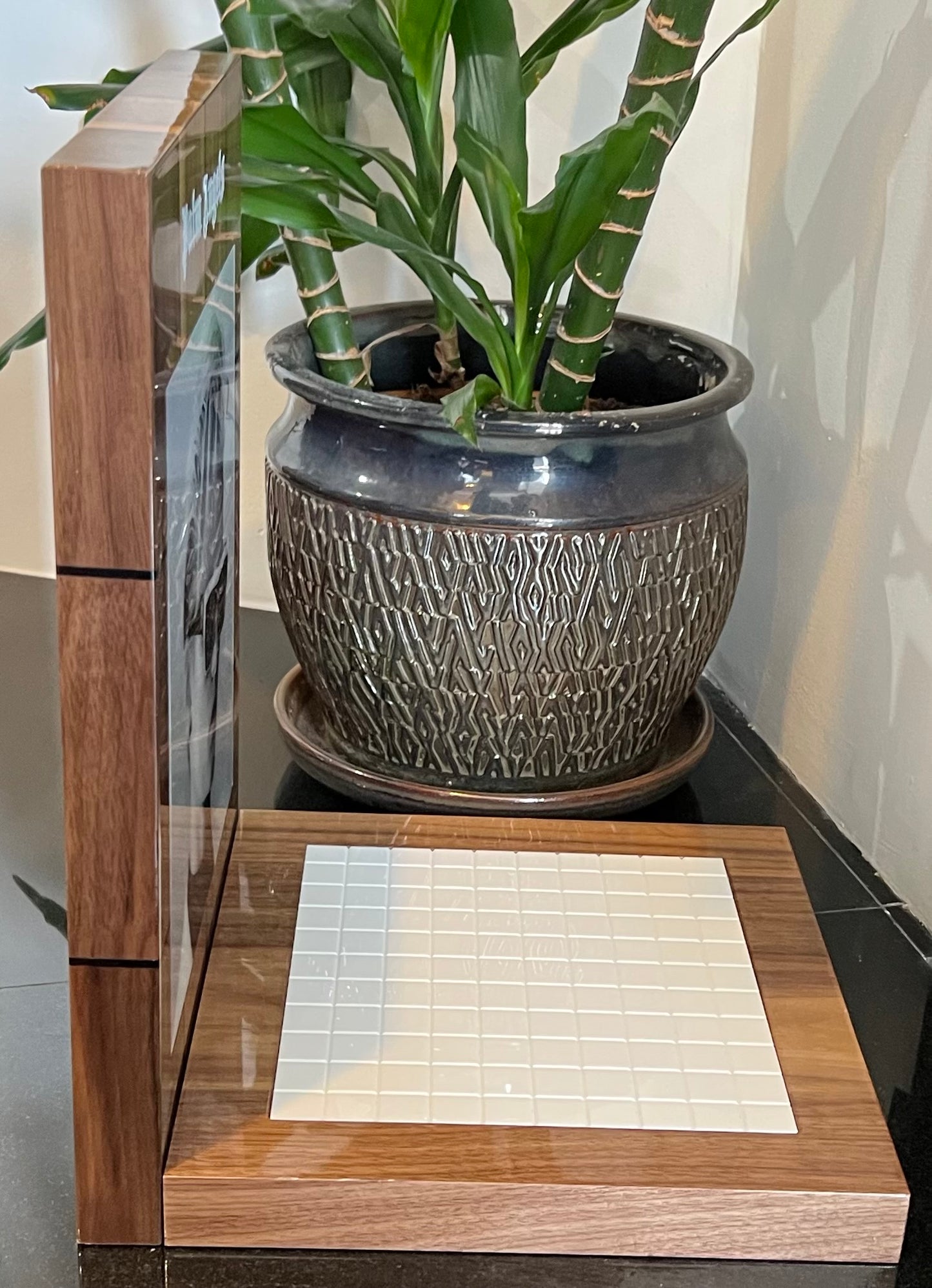 PALM ANGLES - L-Shaped Counter Top Branded Display. Lacquered Wood & White Tile