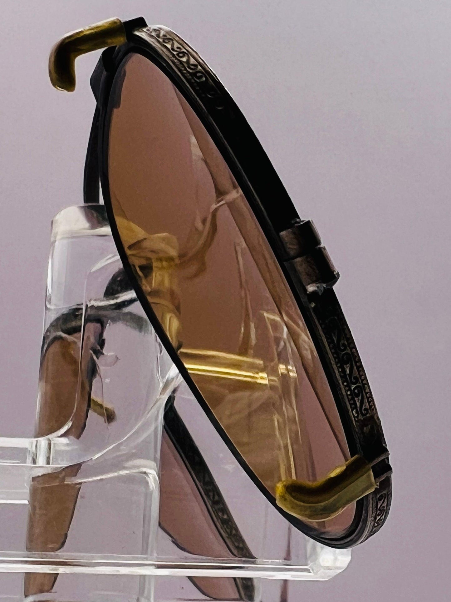 Antique 45Mm Clipon-Gold Engravings And Patina With Brand New Berko’S Designs Lenses™ Custom Solid Persimmon Lenses