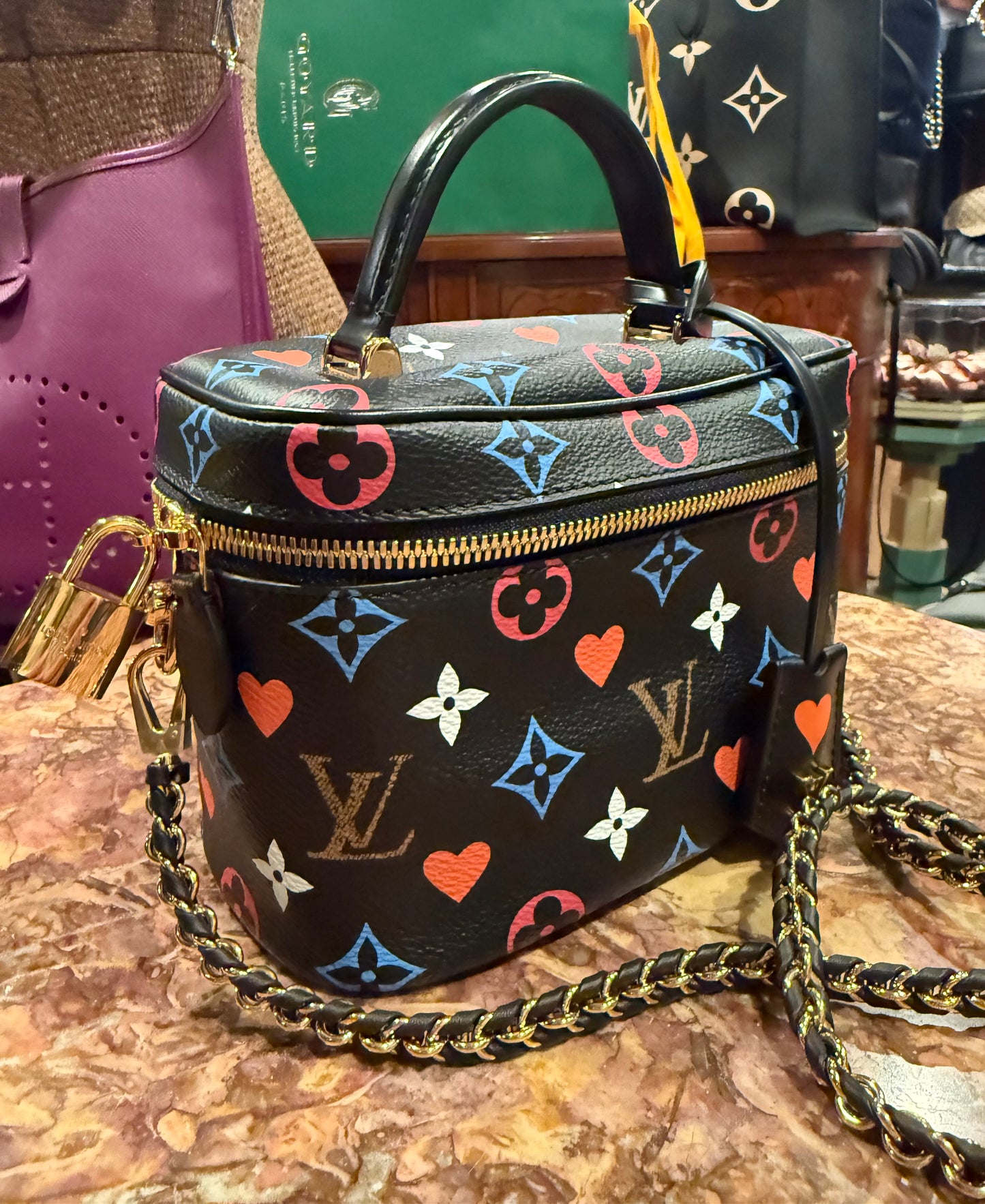 Louis Vuitton - Game On Vanity PM Black Multicolor Hearts Chain Bag Lock LV