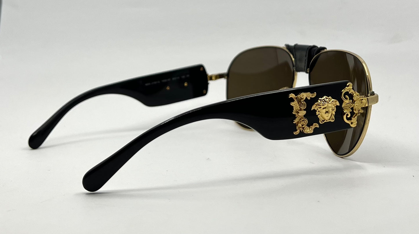 Versace VE2150Q Medusa Leather Bridge Gold Aviator Sunglasses-Unworn-Full Kit