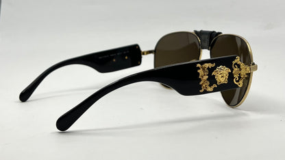 Versace VE2150Q Medusa Leather Bridge Gold Aviator Sunglasses-Unworn-Full Kit