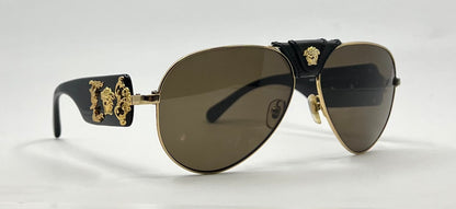 Versace VE2150Q Medusa Leather Bridge Gold Aviator Sunglasses-Unworn-Full Kit