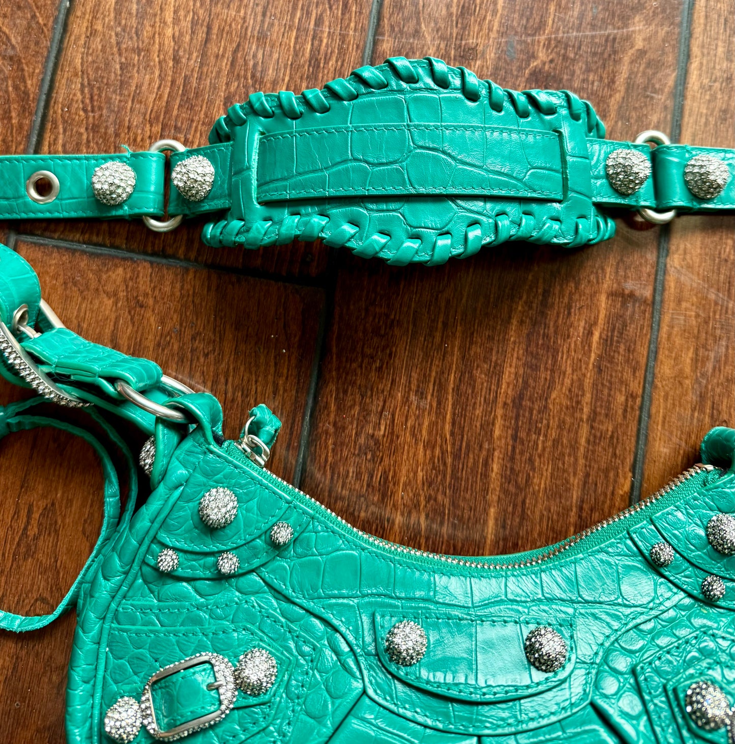 Balenciaga Le Cagole XS Green Croc Embossed Crystal Stud Bag Full Set