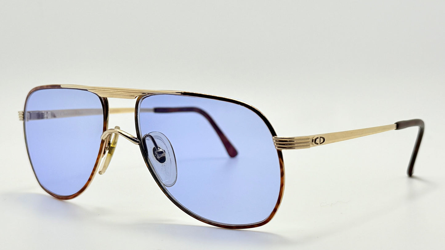 Vintage New/Deadstock Christian Dior 2553 41 Gold Plated Sunglasses with Custom Sky Blue Day/Night Lenses