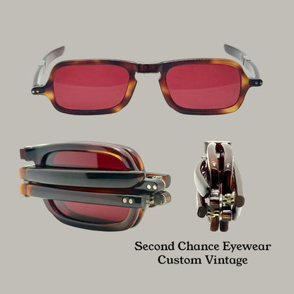 Folding Vintage 101 FRAME FRANCE Sunglasses-Dark Espresso Tort w/New, Custom Solid Crimson Berko’s Designs Lenses