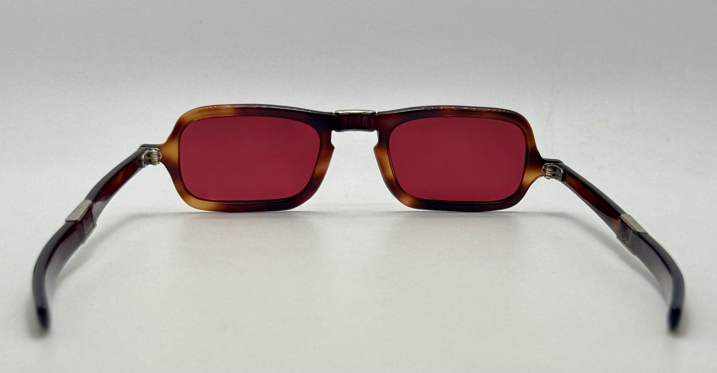 Folding Vintage 101 FRAME FRANCE Sunglasses-Dark Espresso Tort w/New, Custom Solid Crimson Berko’s Designs Lenses