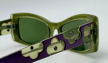 Deadstock Vintage LaFont Paris POPPY 983 Sunglasses-Olive Green & Purple Clover Detail-Made in France