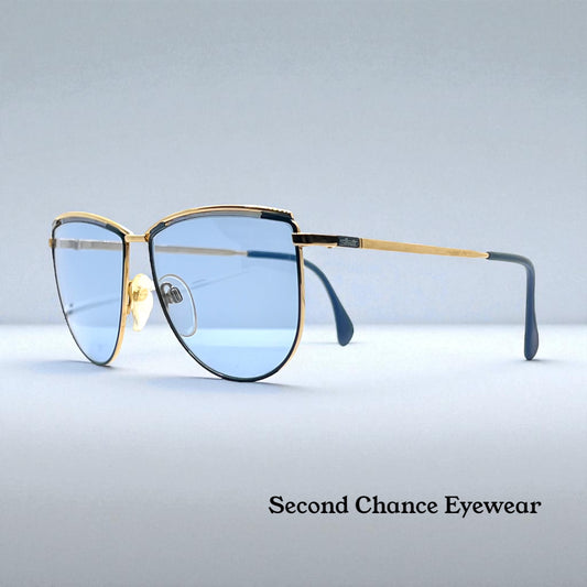 Silhouette V6050 Vintage Gold Sunglasses w/New Solid Blue Custom Lenses-57mm-Austria
