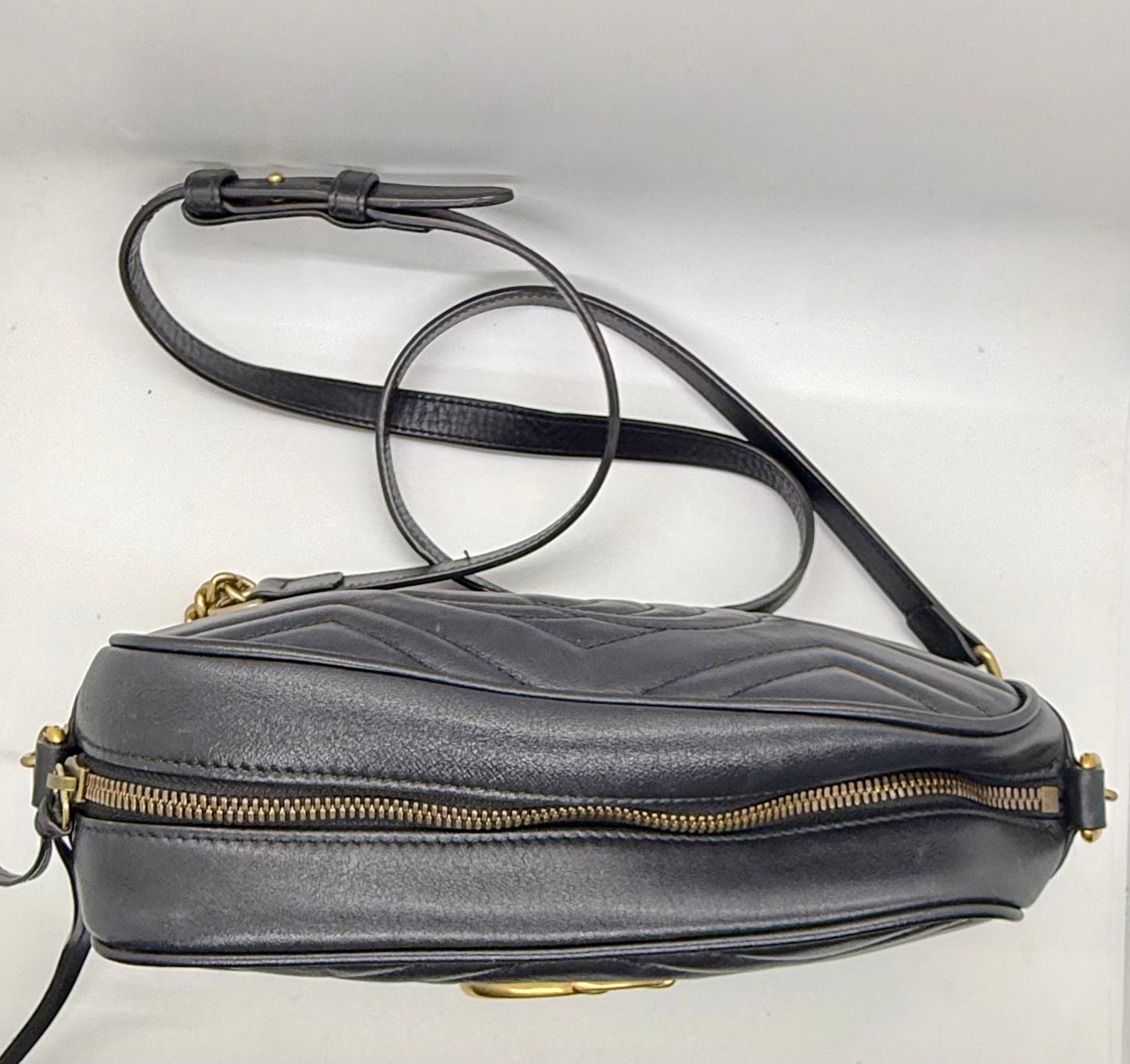 Gucci GG Marmont Small Camera Bag-Black Leather- Chevron Gold