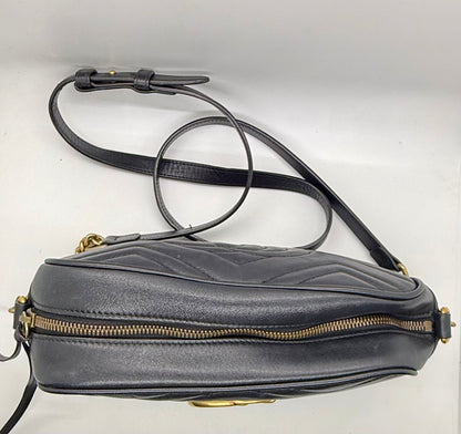 Gucci GG Marmont Small Camera Bag-Black Leather- Chevron Gold