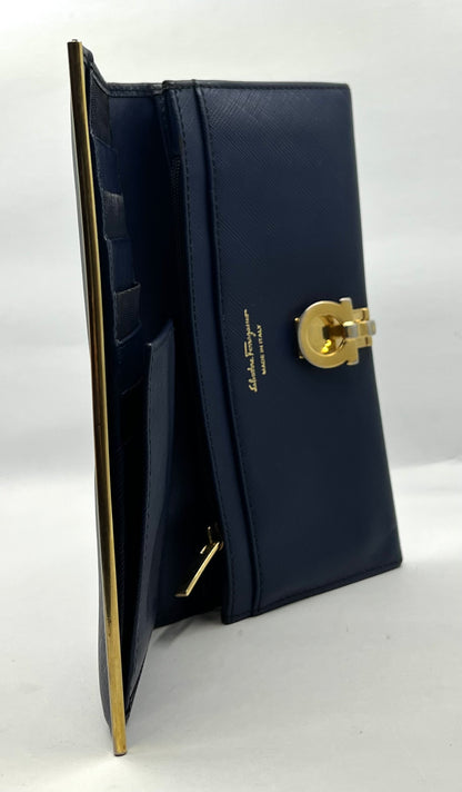 Salvatore Ferragamo Navy Saffiano Kisslock Long Wallet – Made in Italy