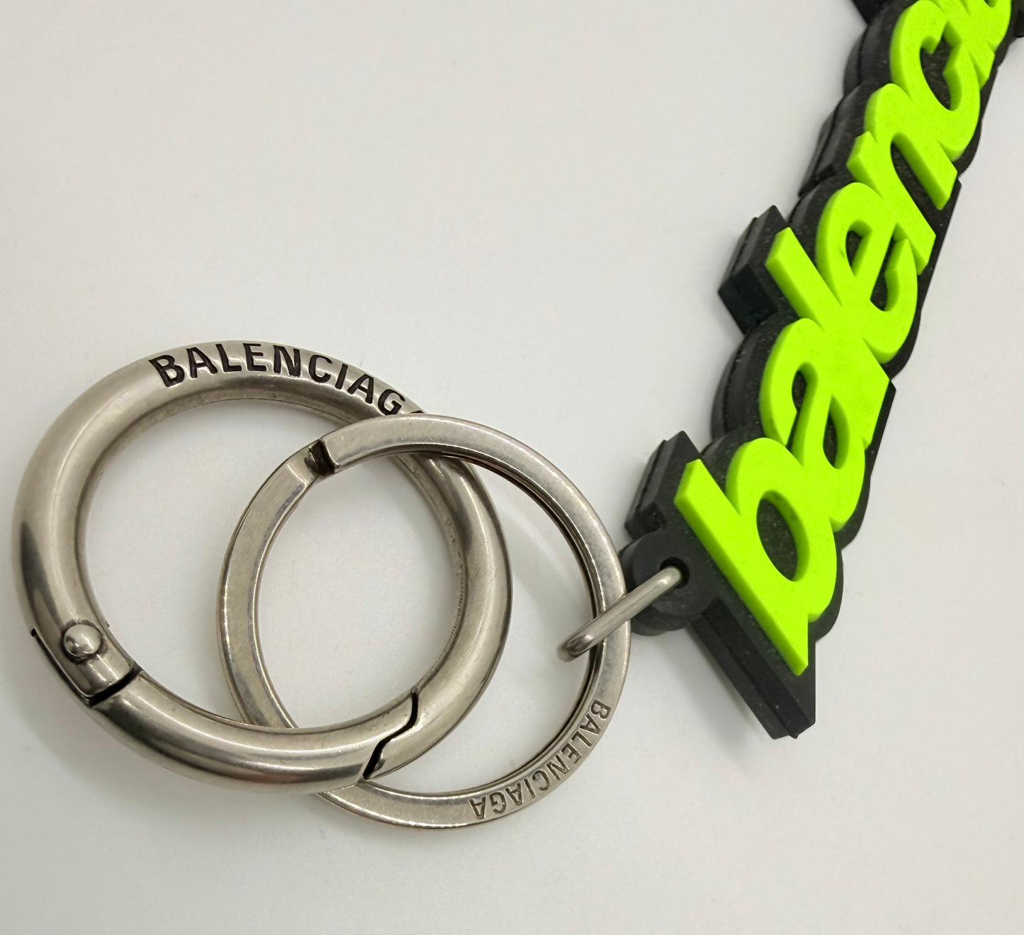 Balenciaga Logo Keychain-Neon Green Black-Silver Hardware-Authentic