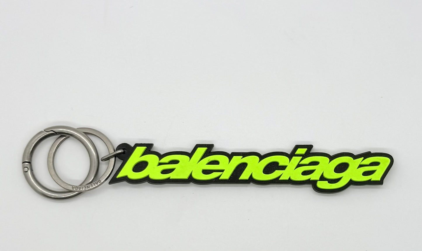 Balenciaga Logo Keychain-Neon Green Black-Silver Hardware-Authentic