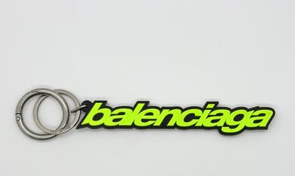 Balenciaga Logo Keychain-Neon Green Black-Silver Hardware-Authentic