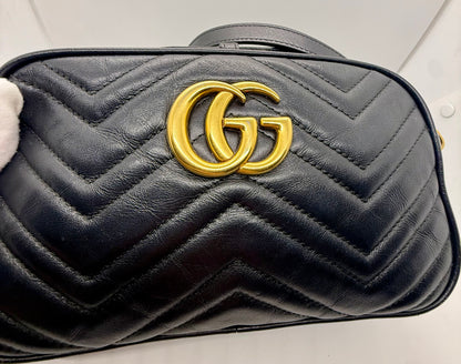 Gucci GG Marmont Small Camera Bag-Black Leather- Chevron Gold
