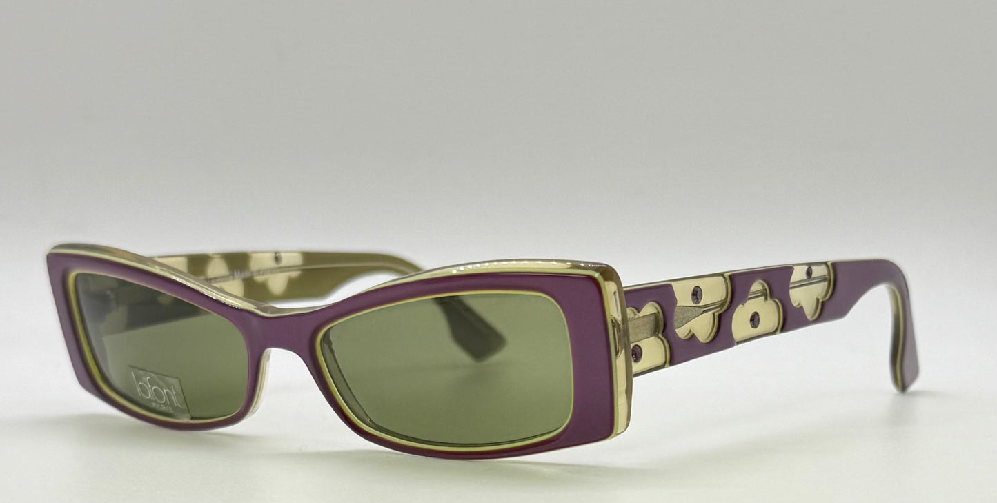 Deadstock Vintage LaFont Paris POPPY 983 Sunglasses-Olive Green & Purple Clover Detail-Made in France