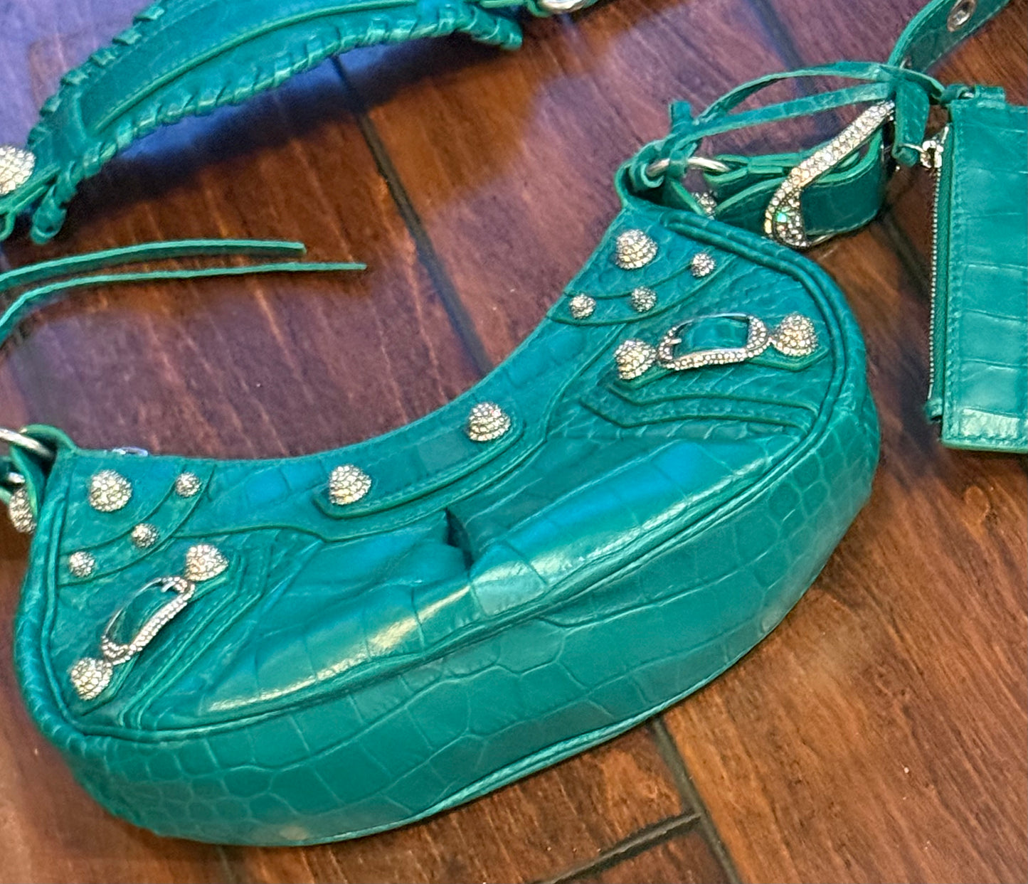 Balenciaga Le Cagole XS Green Croc Embossed Crystal Stud Bag Full Set