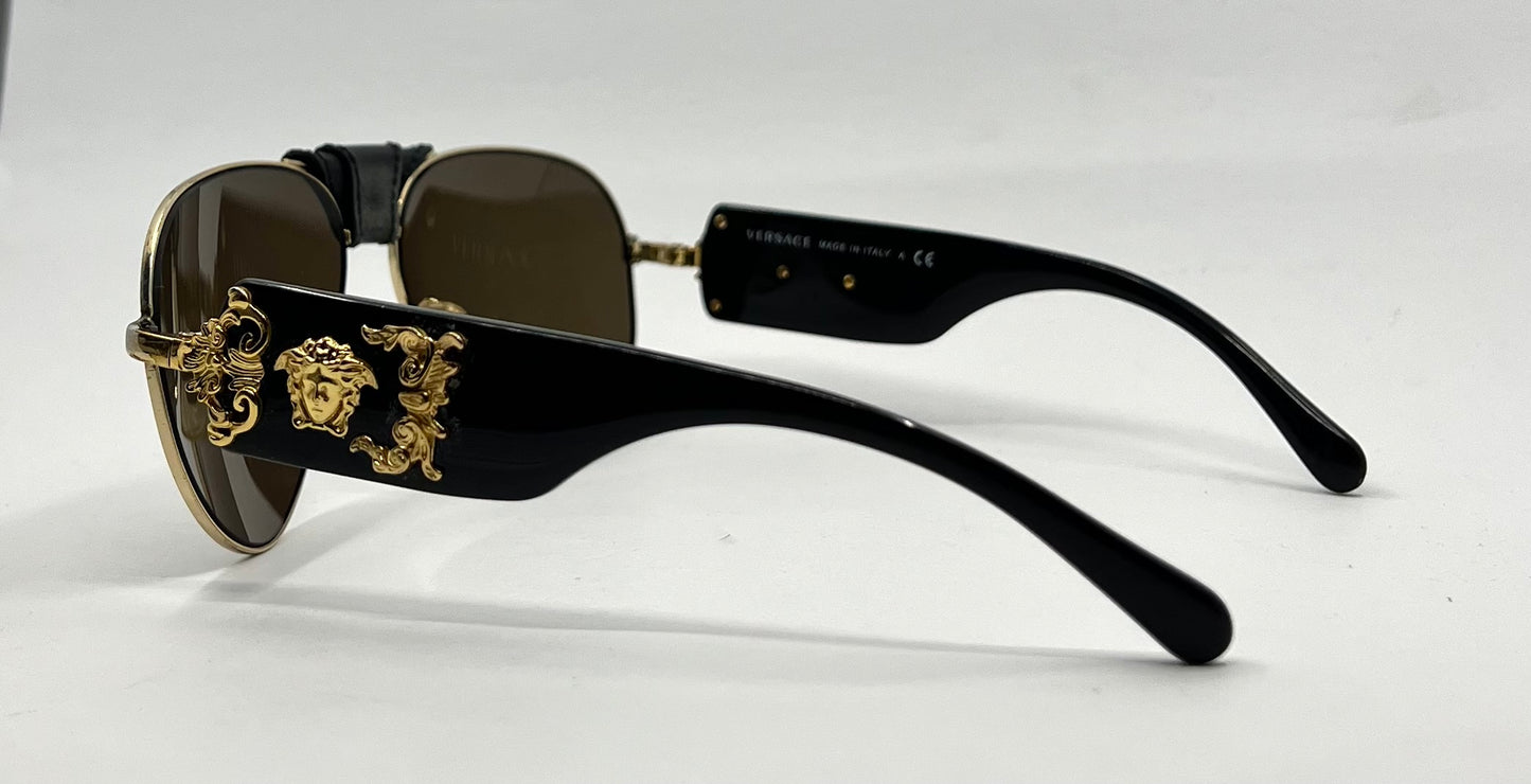 Versace VE2150Q Medusa Leather Bridge Gold Aviator Sunglasses-Unworn-Full Kit
