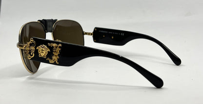 Versace VE2150Q Medusa Leather Bridge Gold Aviator Sunglasses-Unworn-Full Kit