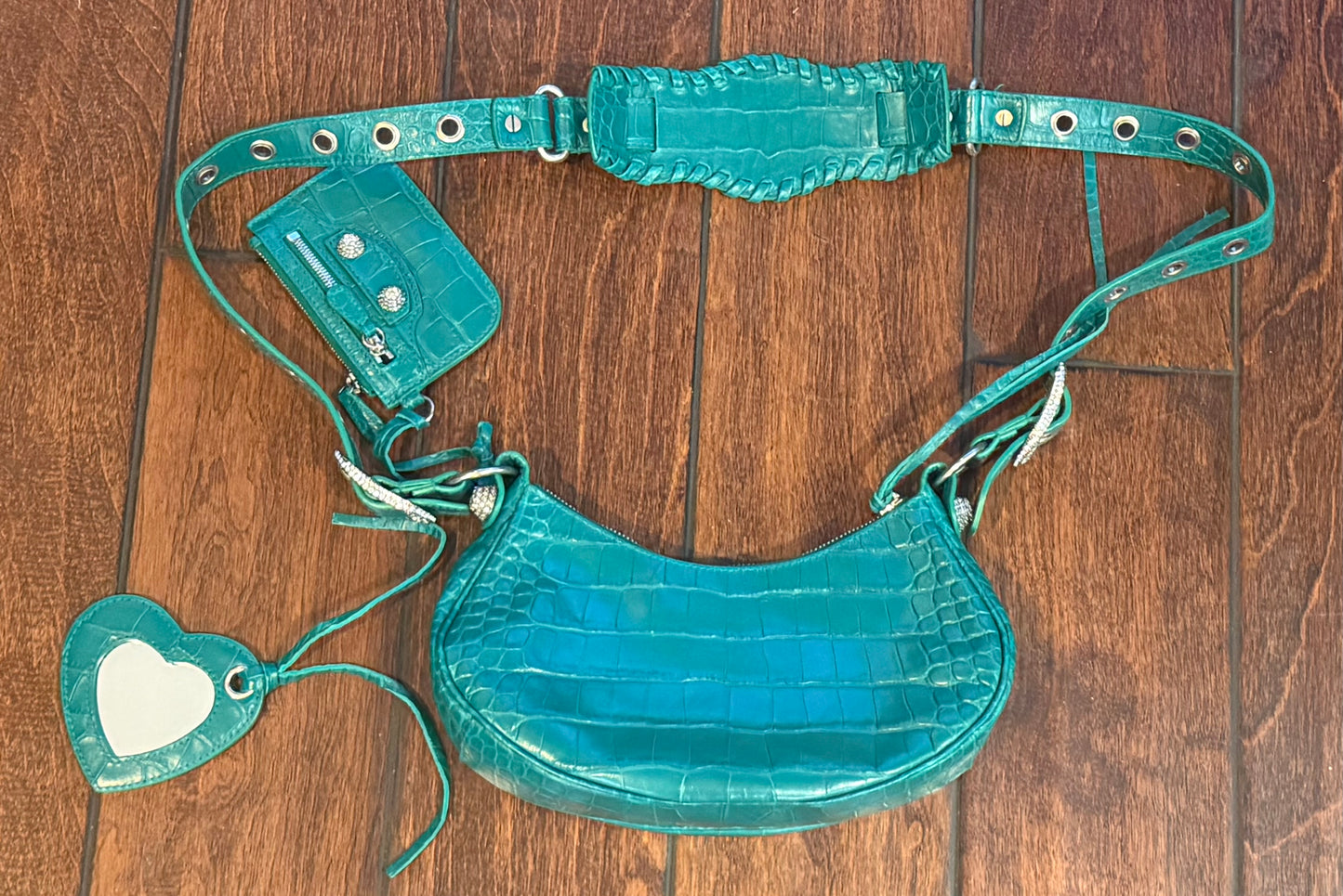 Balenciaga Le Cagole XS Green Croc Embossed Crystal Stud Bag Full Set