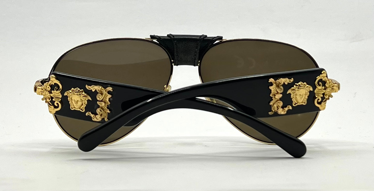 Versace VE2150Q Medusa Leather Bridge Gold Aviator Sunglasses-Unworn-Full Kit