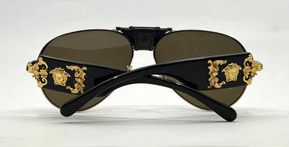 Versace VE2150Q Medusa Leather Bridge Gold Aviator Sunglasses-Unworn-Full Kit