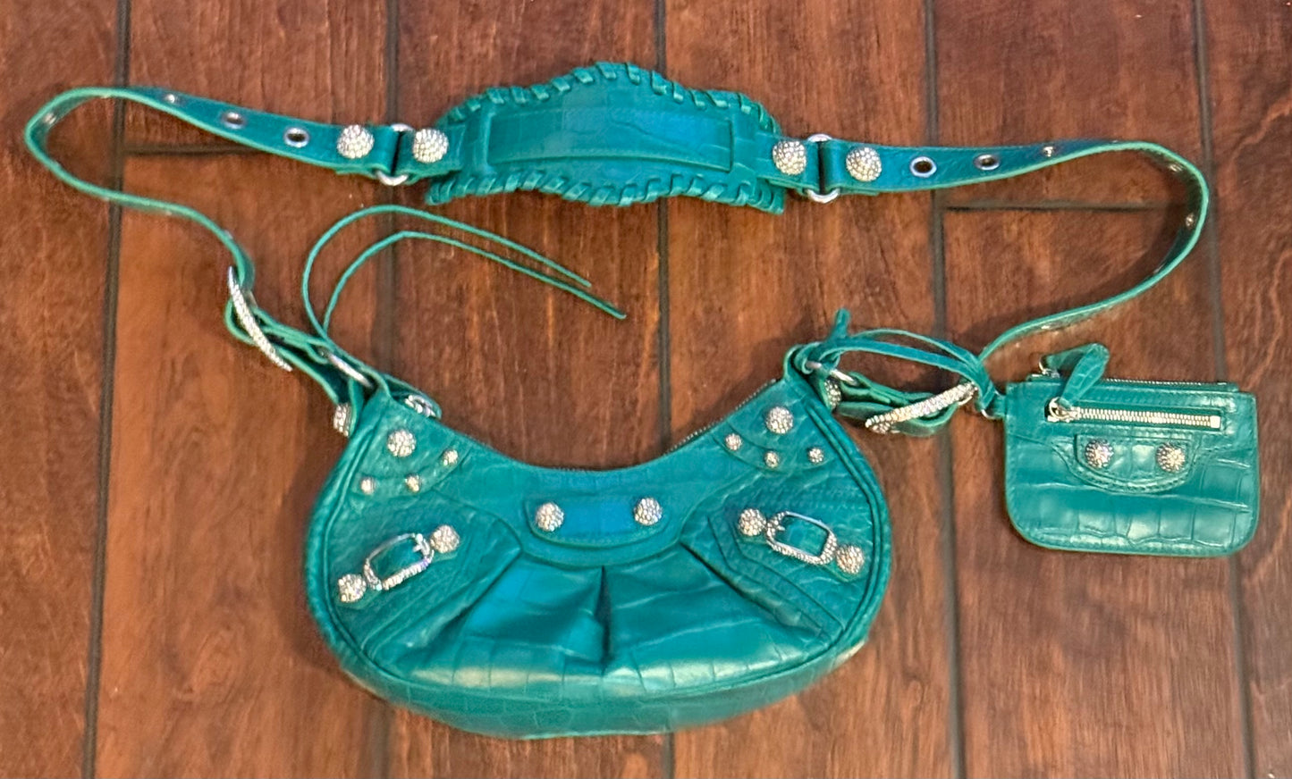 Balenciaga Le Cagole XS Green Croc Embossed Crystal Stud Bag Full Set