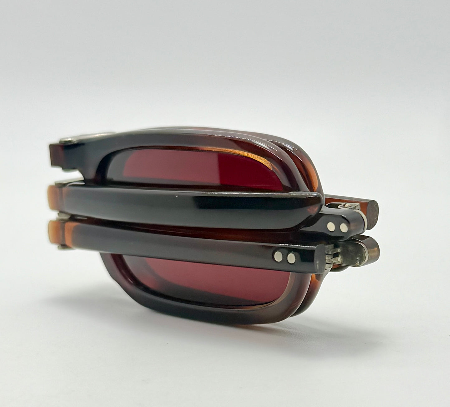 Folding Vintage 101 FRAME FRANCE Sunglasses-Dark Espresso Tort w/New, Custom Solid Crimson Berko’s Designs Lenses
