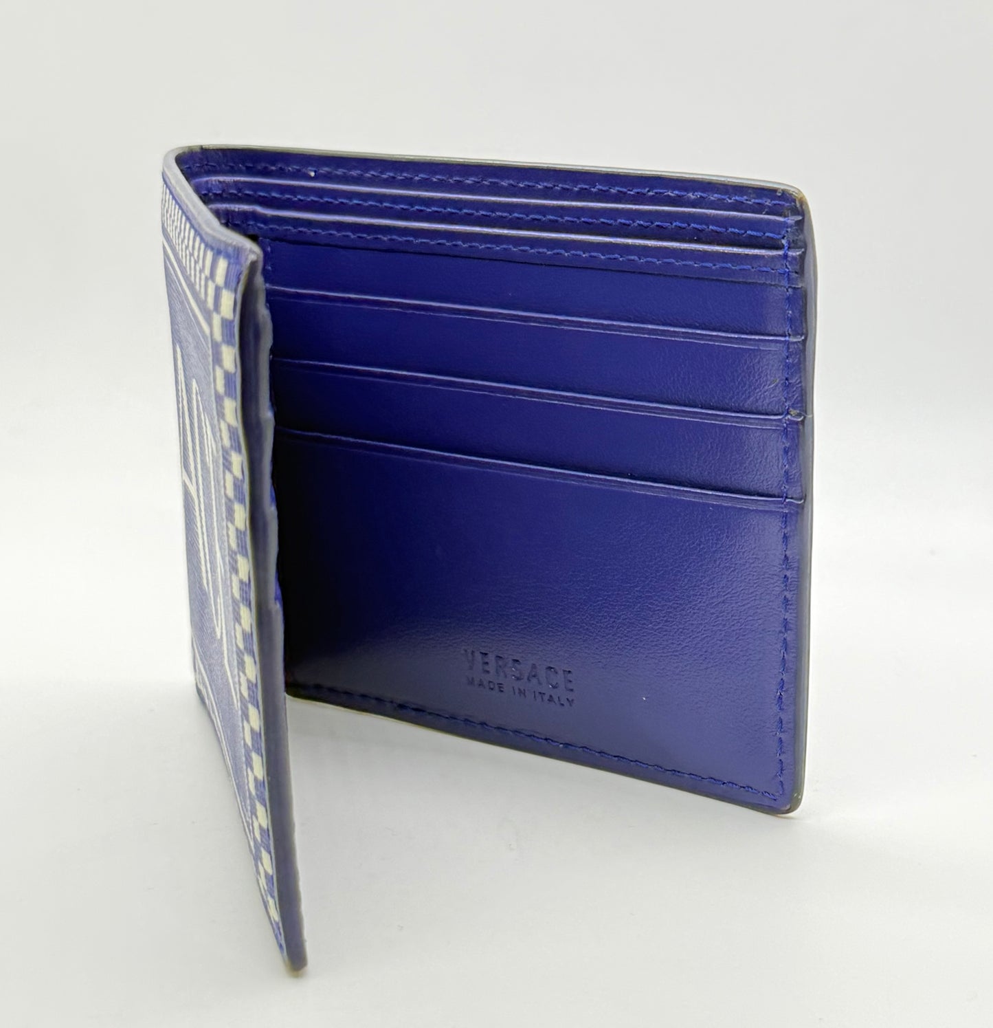 Versace Blue & White Logo Bifold Wallet-Made in Italy-Authentic