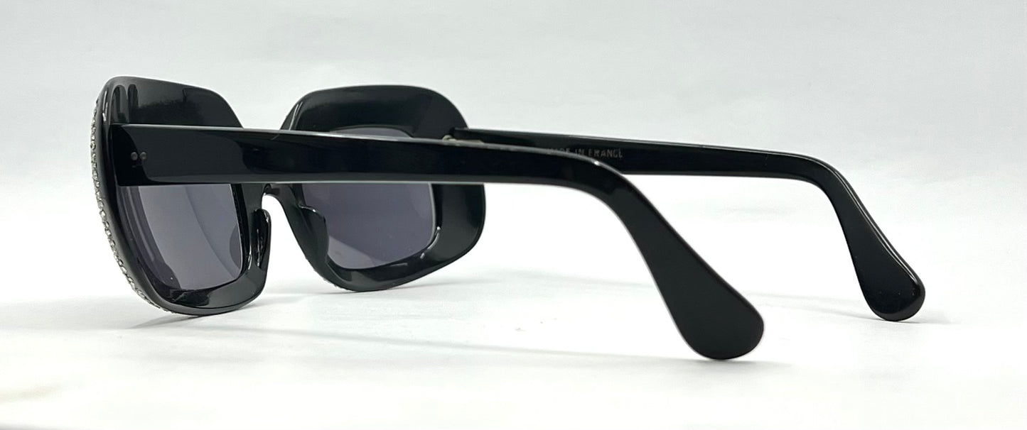 Vintage Rhinestone Sunglasses-Oversized Black Crystal Couture Rare-Made in France