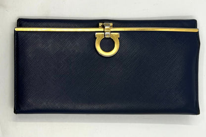 Salvatore Ferragamo Navy Saffiano Kisslock Long Wallet – Made in Italy