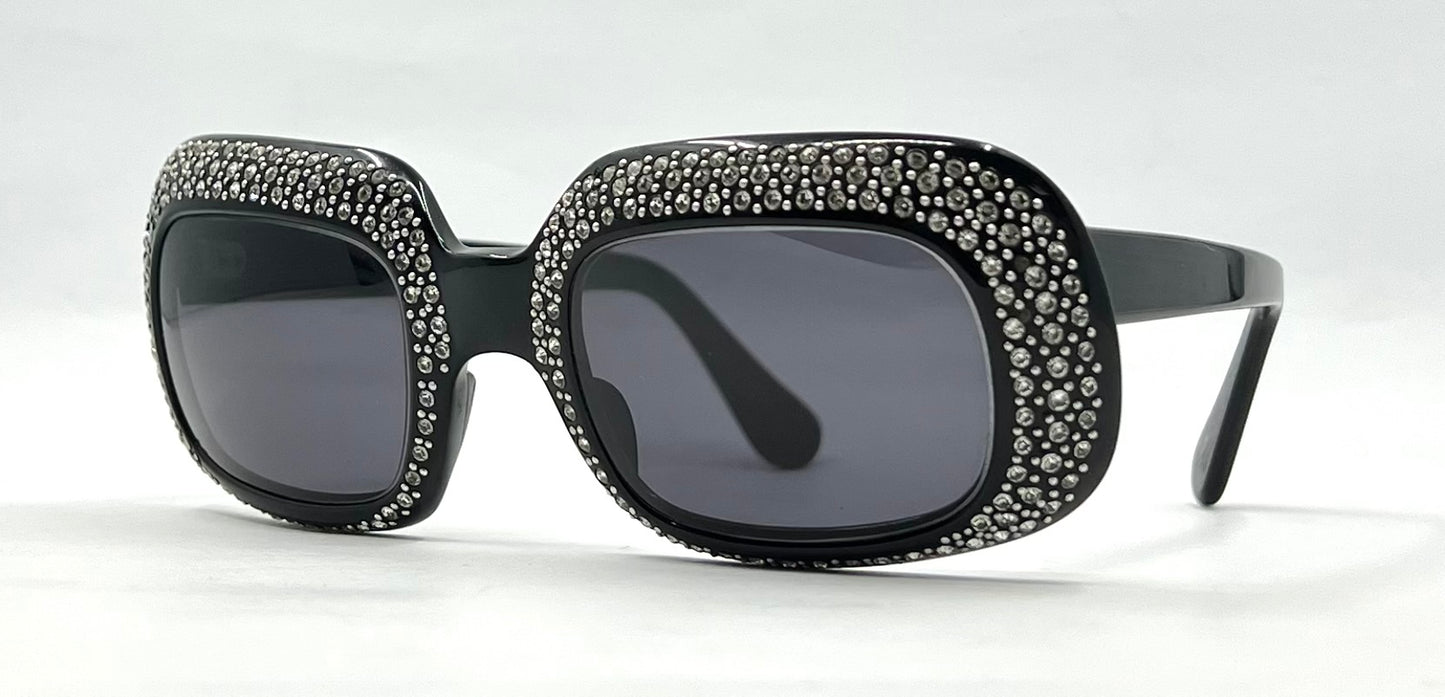 Vintage Rhinestone Sunglasses-Oversized Black Crystal Couture Rare-Made in France