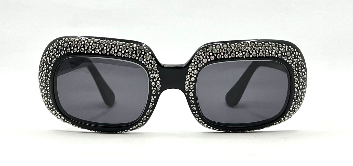Vintage Rhinestone Sunglasses-Oversized Black Crystal Couture Rare-Made in France