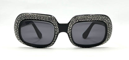 Vintage Rhinestone Sunglasses-Oversized Black Crystal Couture Rare-Made in France