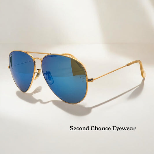 Vintage B&L Ray-Ban Large Metal Aviator 62-14 Gold Frame with New Blue Mirror Glass Lenses