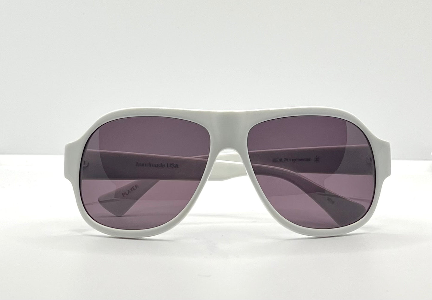 Kala Eyewear “Player” – White Acetate Frame – Dark Plum Lenses – Handmade in the USA