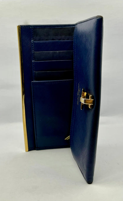 Salvatore Ferragamo Navy Saffiano Kisslock Long Wallet – Made in Italy