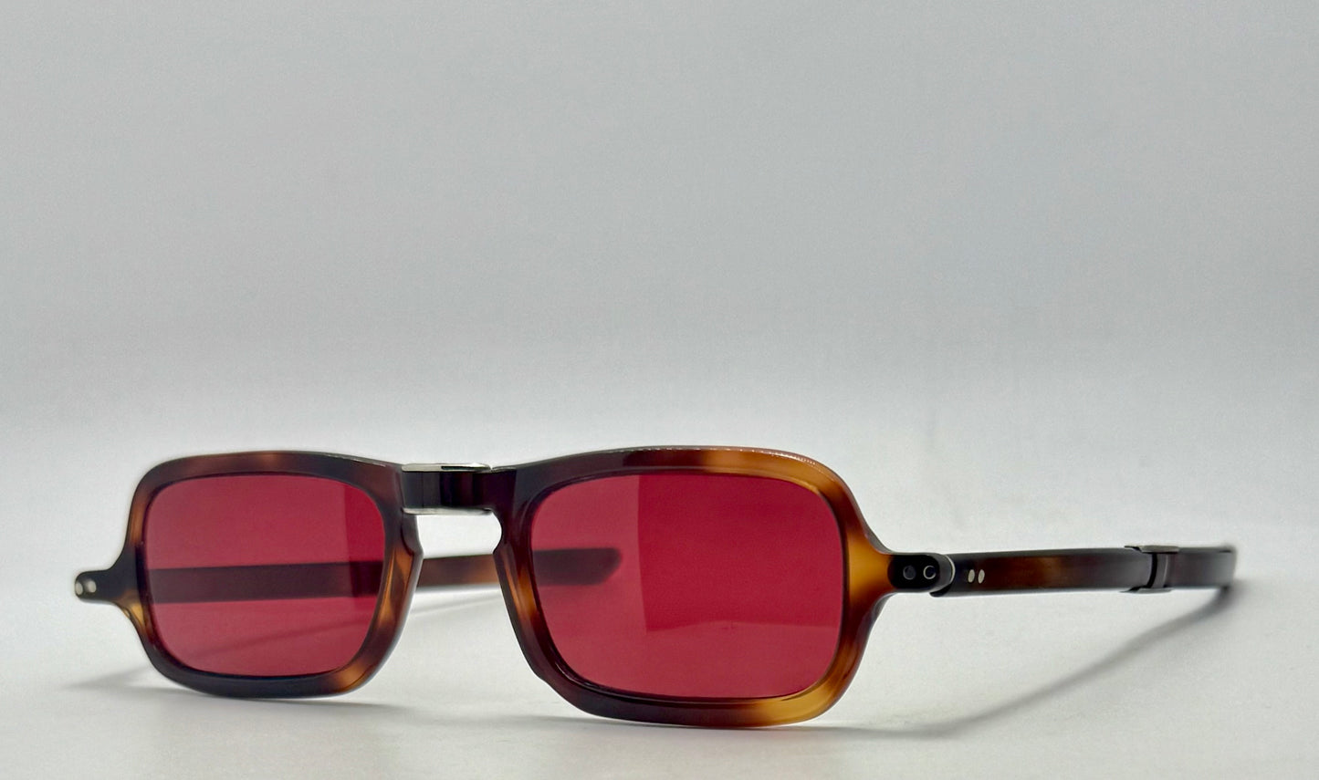 Folding Vintage 101 FRAME FRANCE Sunglasses-Dark Espresso Tort w/New, Custom Solid Crimson Berko’s Designs Lenses