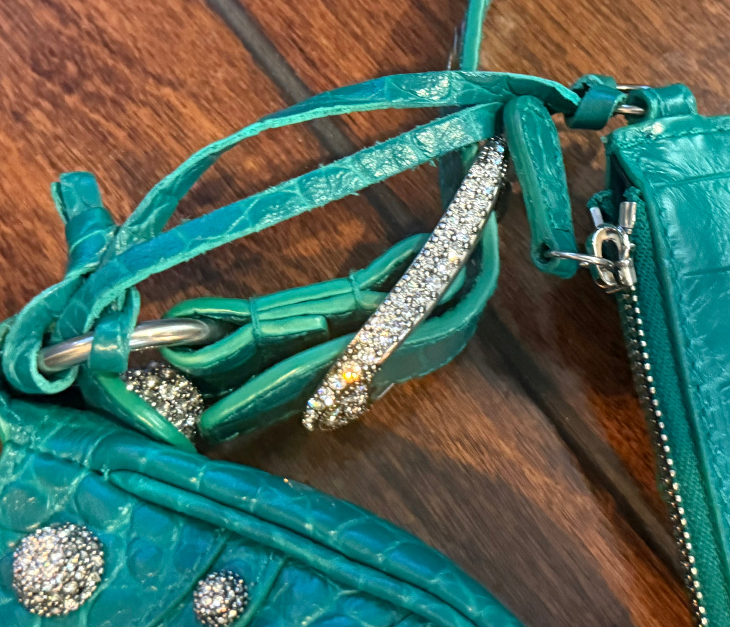 Balenciaga Le Cagole XS Green Croc Embossed Crystal Stud Bag Full Set