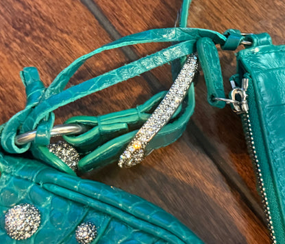 Balenciaga Le Cagole XS Green Croc Embossed Crystal Stud Bag Full Set